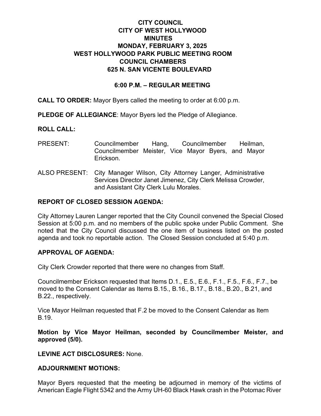 City of West Hollywood, City Council Minutes, February 3, 2025, page 1