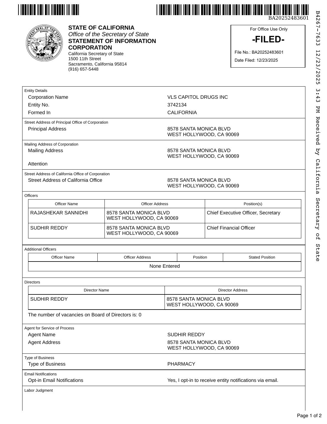 California Secretary of State, Statement of Information, VLS Capitol Drugs Inc, filed December 23, 2025, page 1