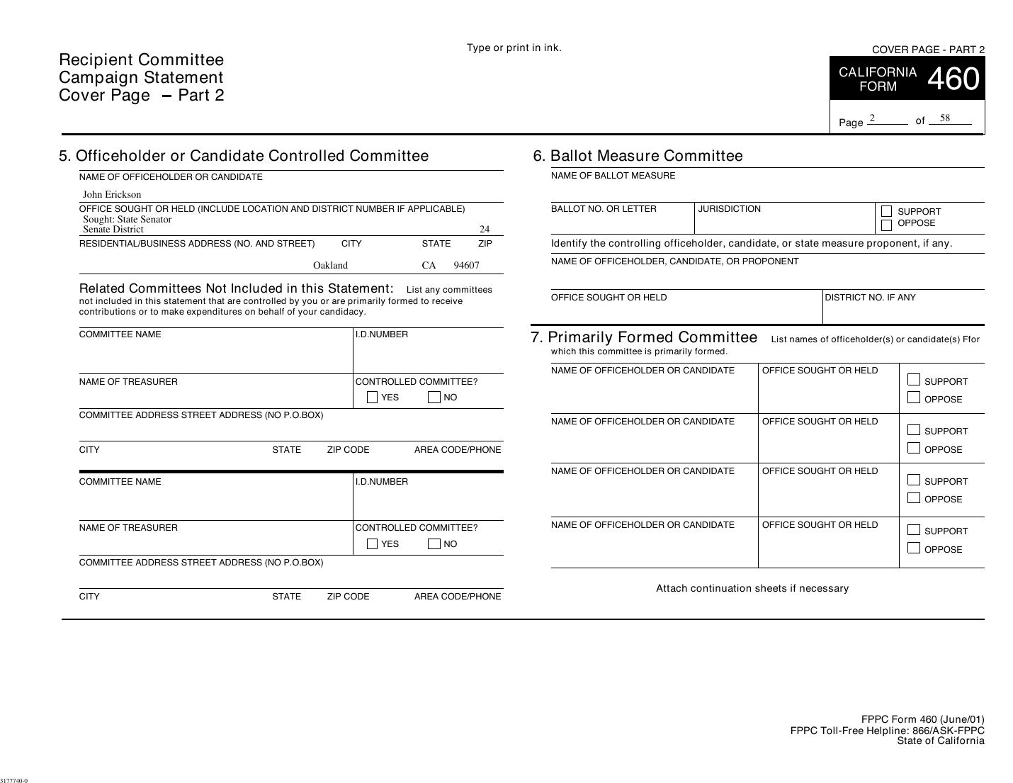 California Secretary of State, Cal-Access, Form 460 filing 3177740, Cover Page Part 5, page 2