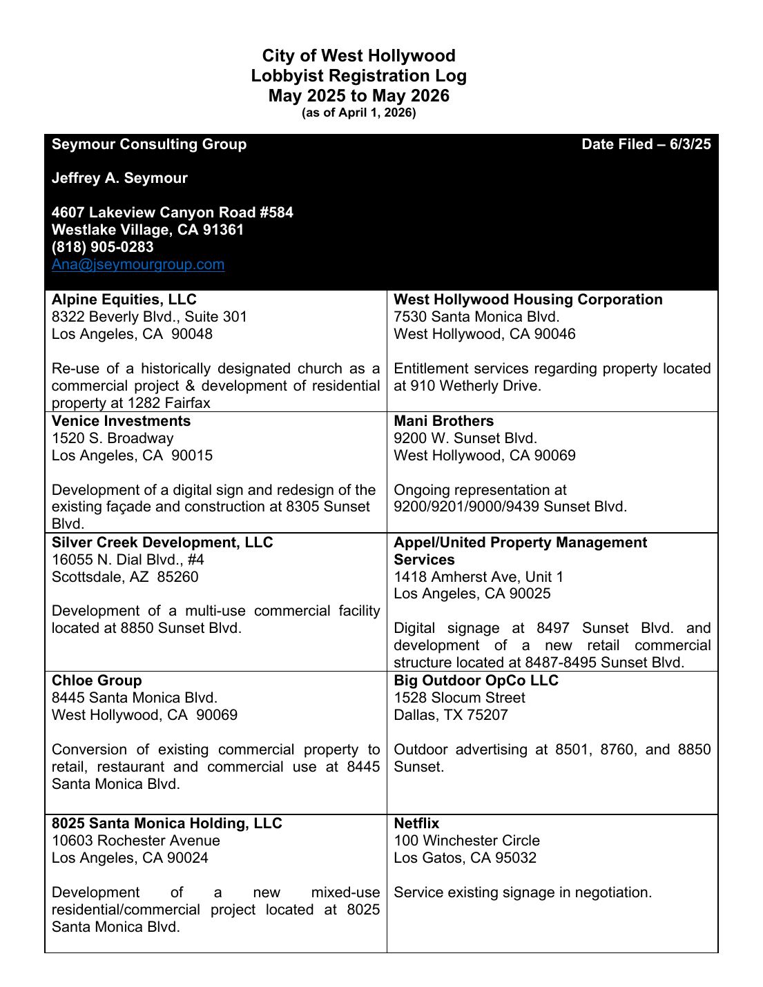 City of West Hollywood, City Clerk, Lobbyist Registration Log, May 2025 to May 2026, page 5