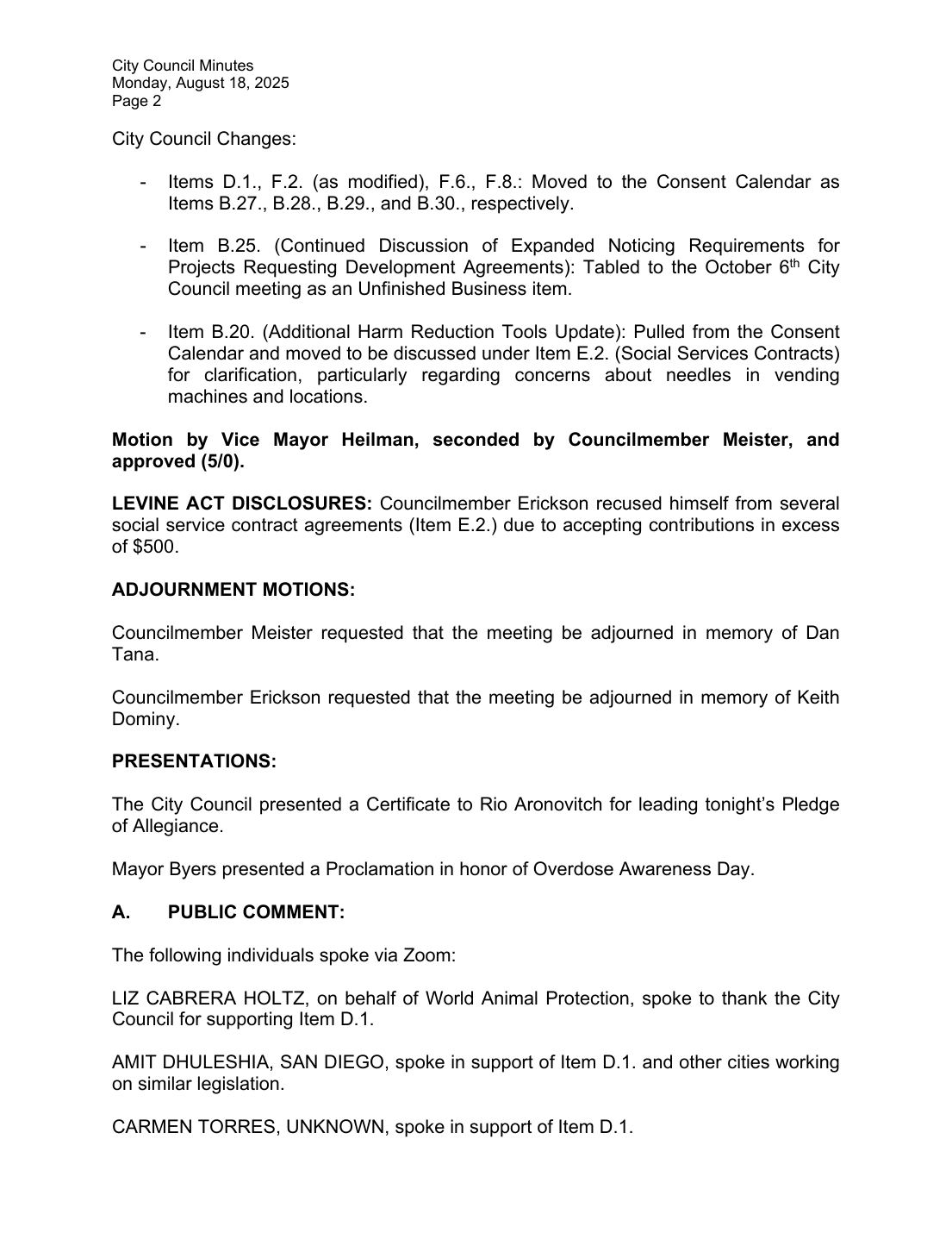 City of West Hollywood, City Council Minutes, August 18, 2025, page 2