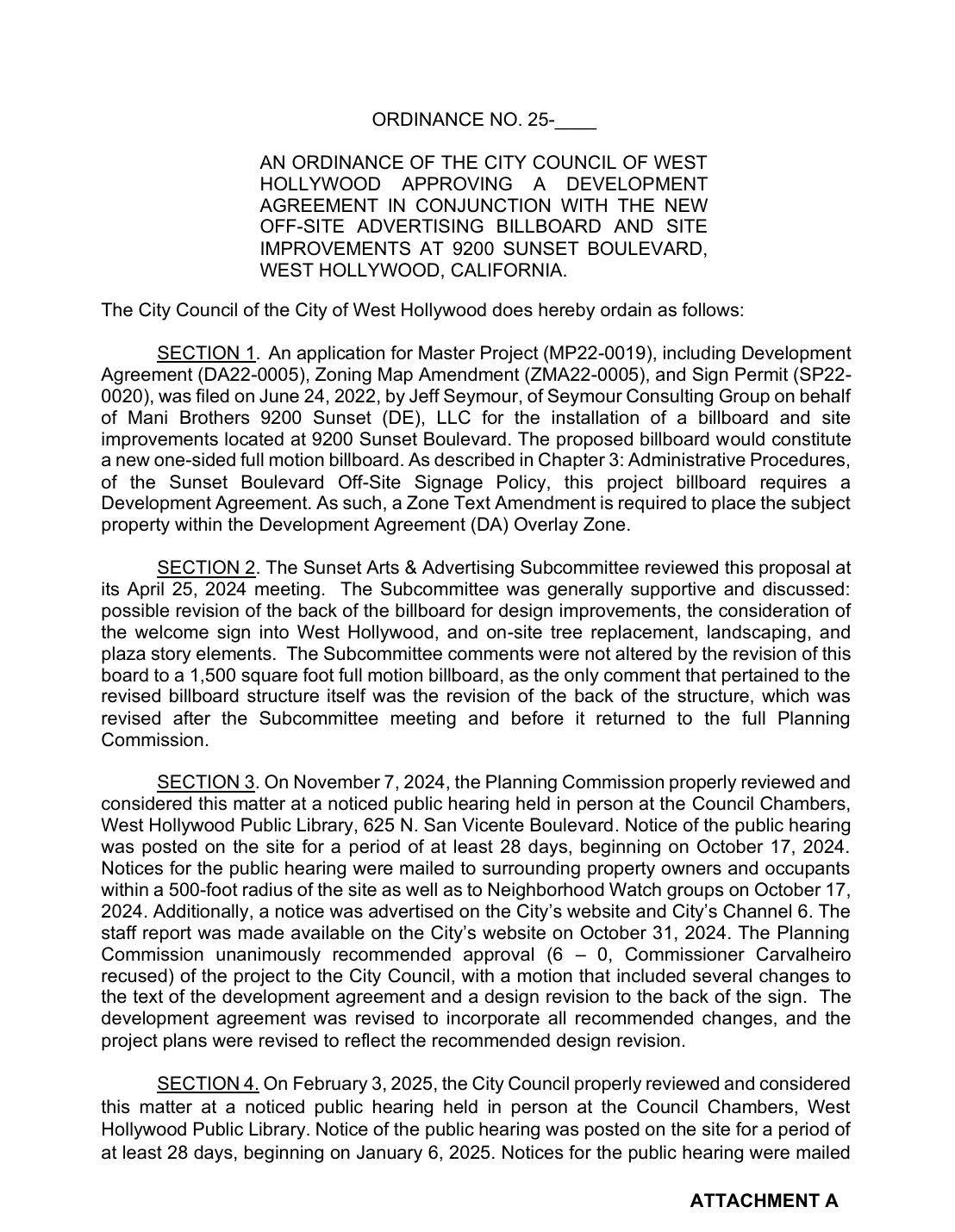 City of West Hollywood, Ordinance, Attachment A, 9200 Sunset, page 1