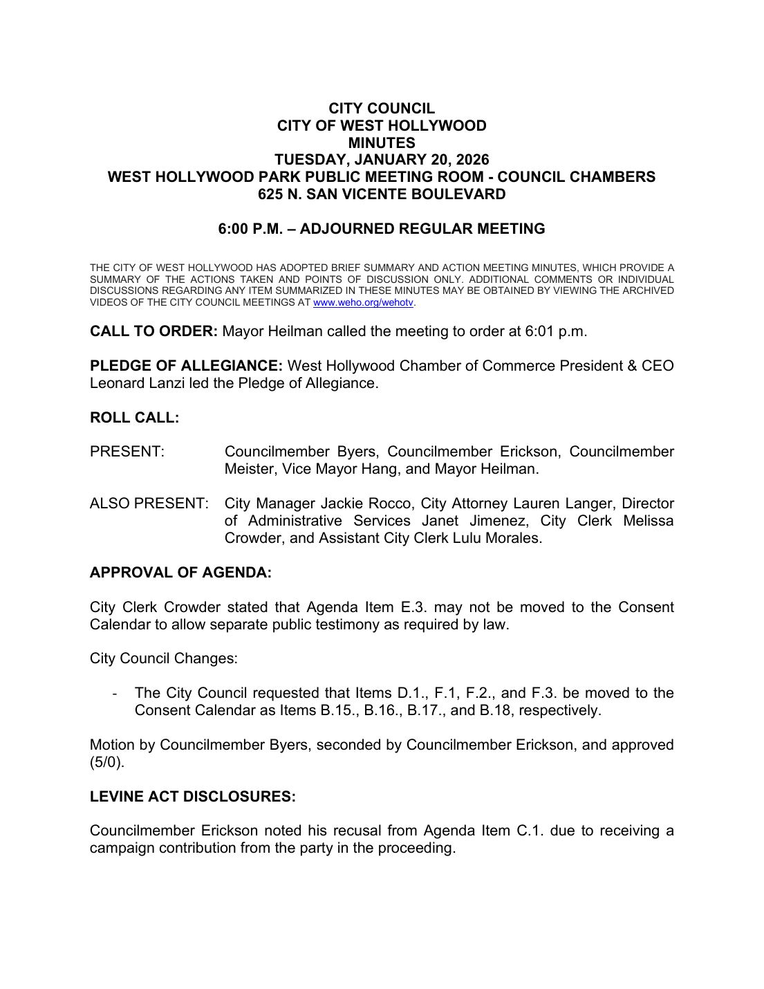 City of West Hollywood, City Council Minutes, January 20, 2026, page 1
