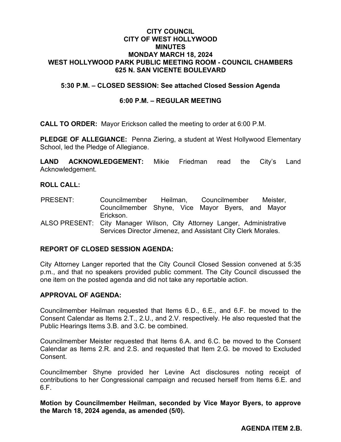 City of West Hollywood, City Council Minutes, March 18, 2024, page 1