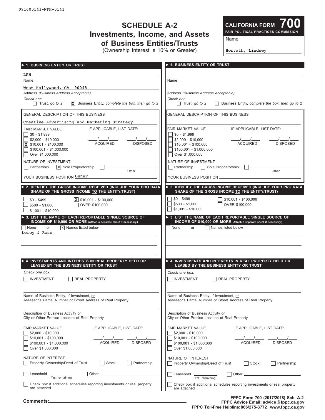 Lindsey Horvath, Statement of Economic Interests, Schedule A-2, filed 2018-04-02