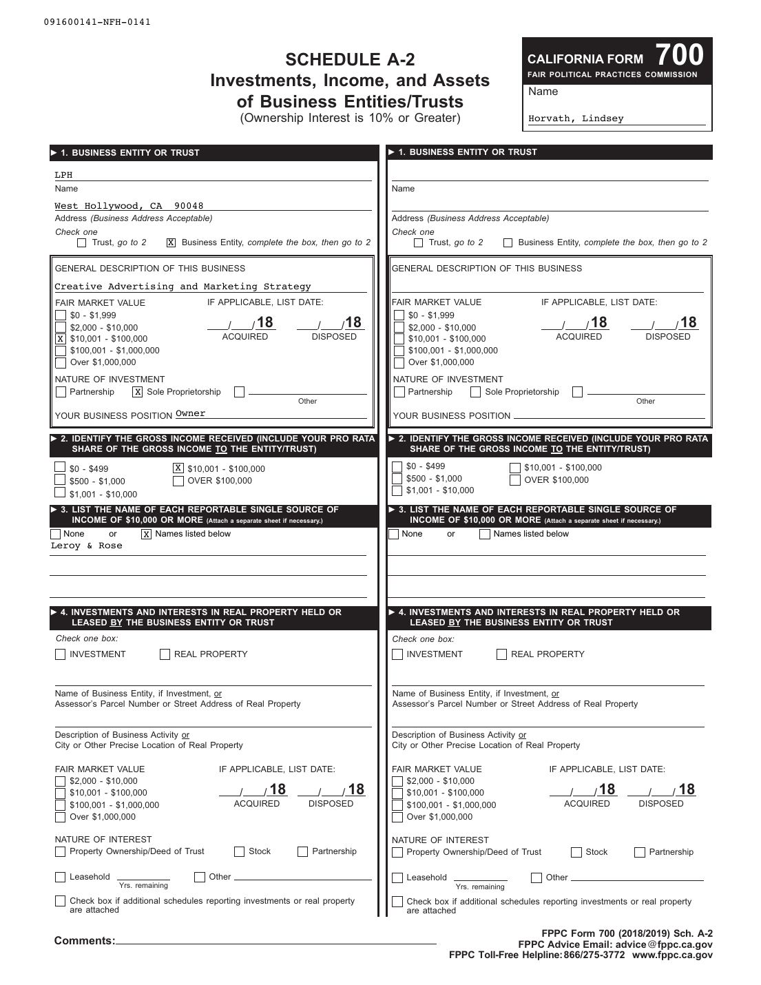 Lindsey Horvath, Statement of Economic Interests, Schedule A-2, filed 2019-04-01