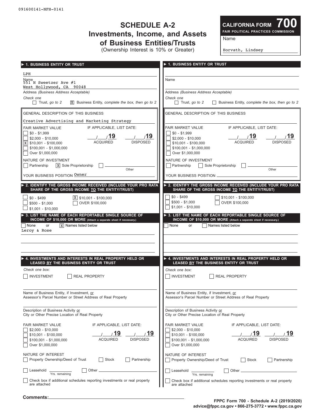 Lindsey Horvath, Statement of Economic Interests, Schedule A-2, filed 2020-06-01