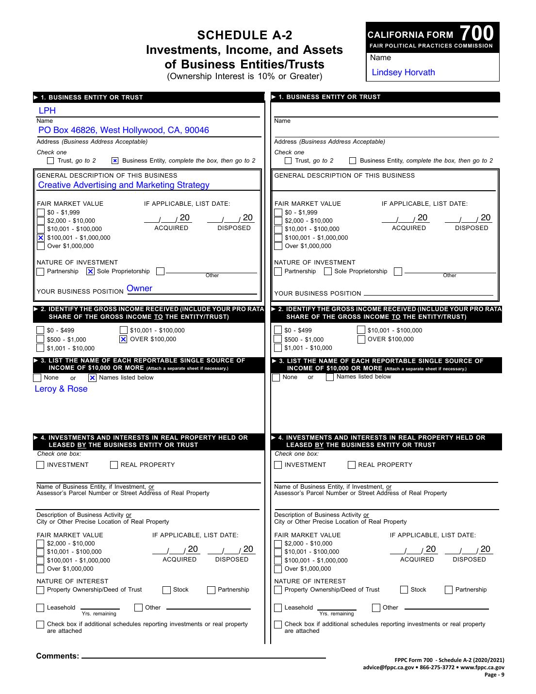 Lindsey Horvath, Statement of Economic Interests, Schedule A-2, filed 2021-04-01