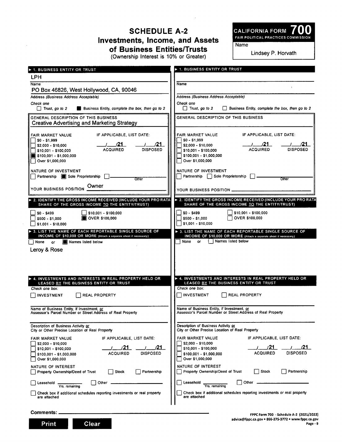 Lindsey Horvath, Statement of Economic Interests, Schedule A-2, filed 2022-03-11