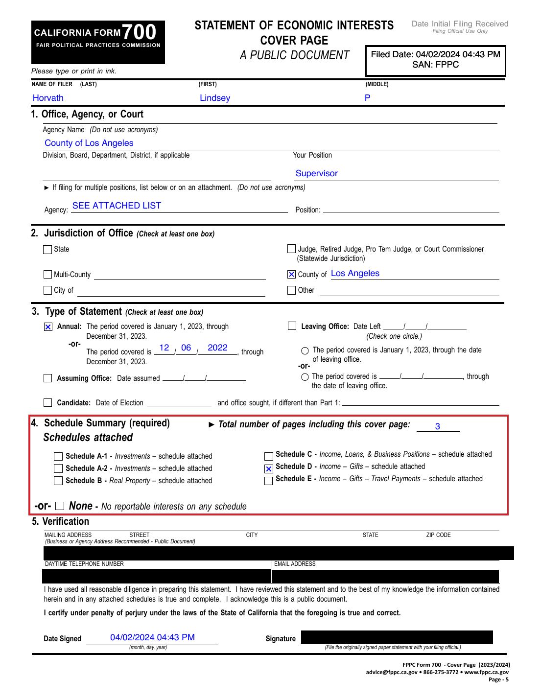 Lindsey Horvath, Statement of Economic Interests, County of Los Angeles, filed 2024-04-02