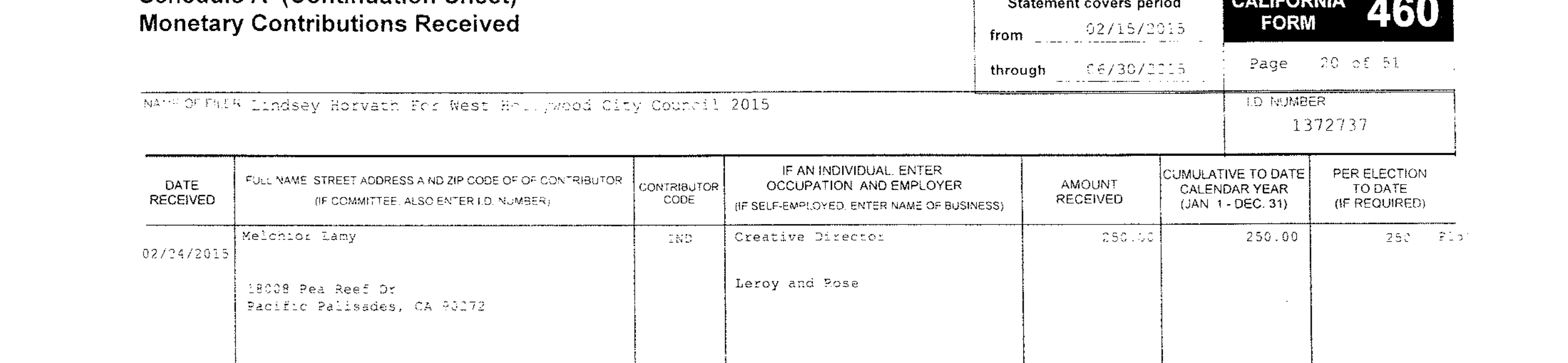 Lindsey Horvath For West Hollywood City Council 2015 (ID 1372737), Form 460 Schedule A, statement period 2/15/2015 to 6/30/2015, p. 20; filed with the City of West Hollywood.