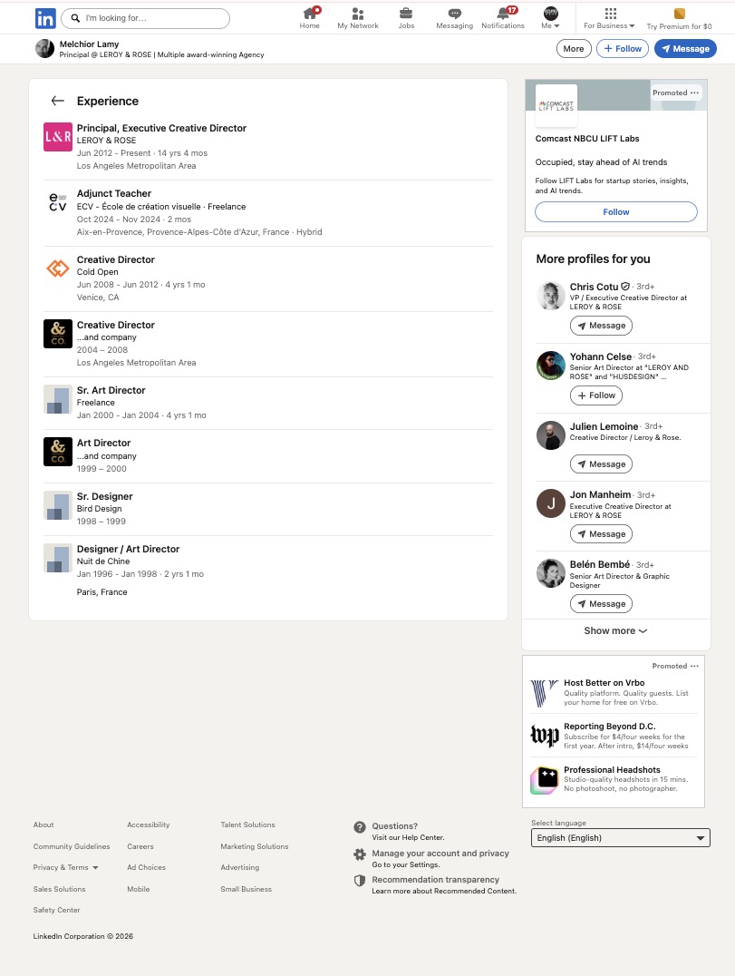 The Leroy & Rose founder's own LinkedIn profile, captured September 17, 2026.