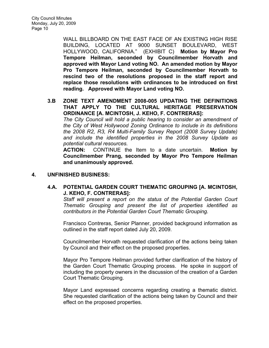 West Hollywood City Council minutes, July 20, 2009, p. 10, Item 3.A