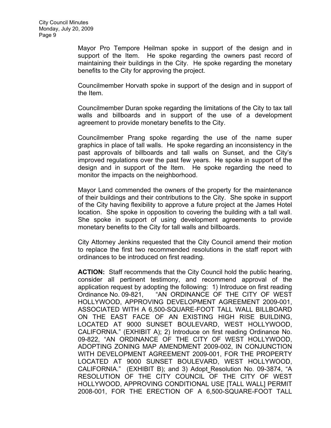 West Hollywood City Council minutes, July 20, 2009, Item 3.A