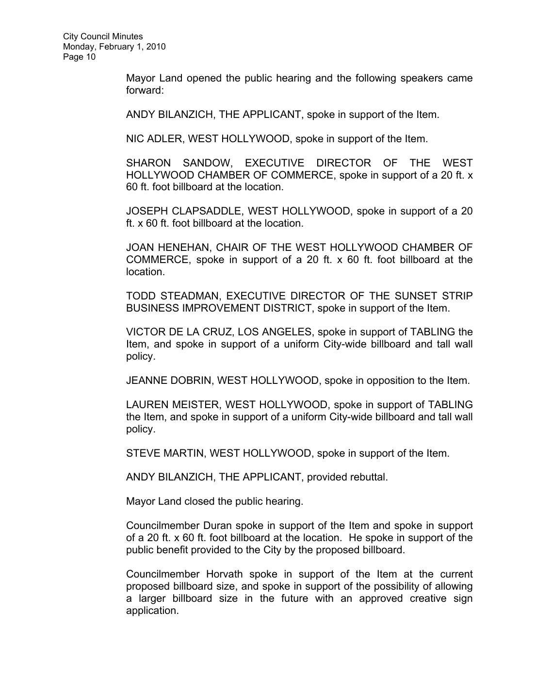West Hollywood City Council minutes, February 1, 2010, Item 3.C