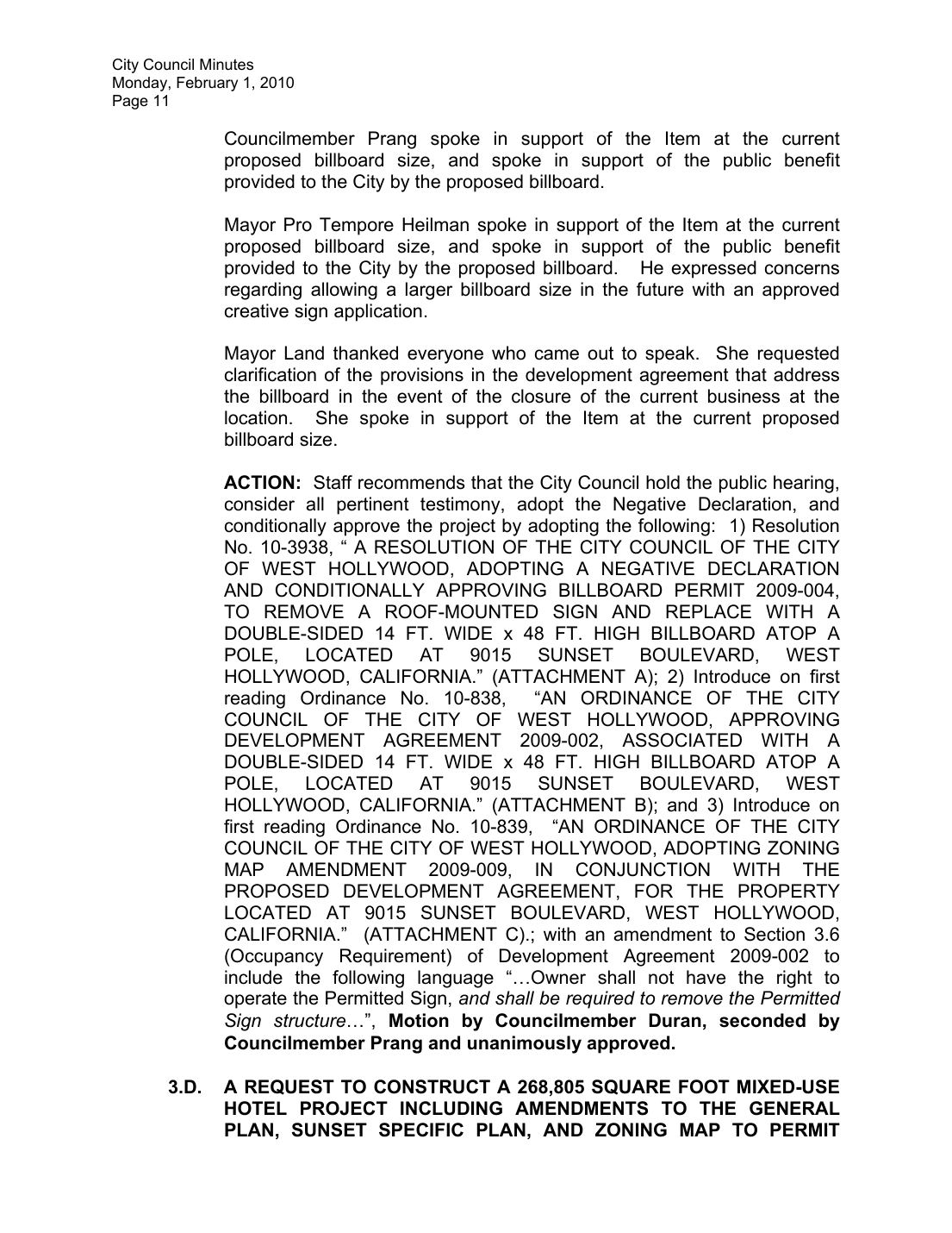 West Hollywood City Council minutes, February 1, 2010, p. 11, Item 3.C