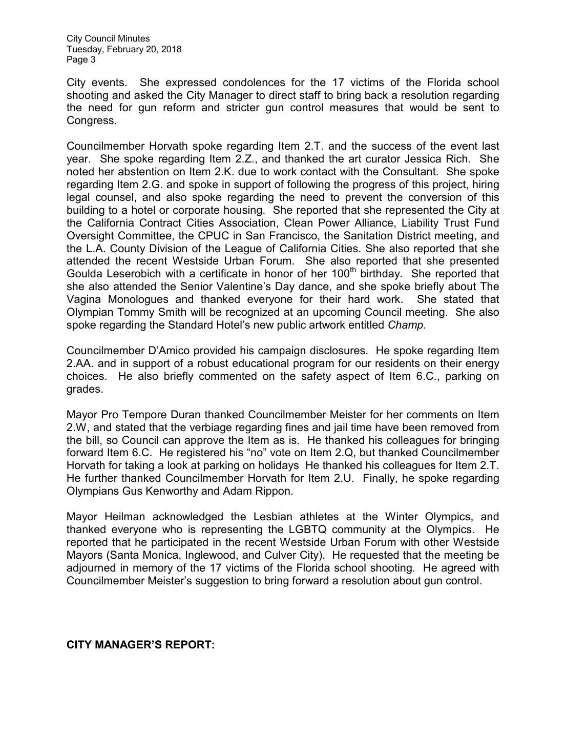 West Hollywood City Council minutes, February 20, 2018, p. 3