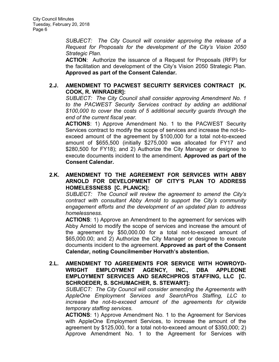 West Hollywood City Council minutes, February 20, 2018, p. 6, Item 2.K