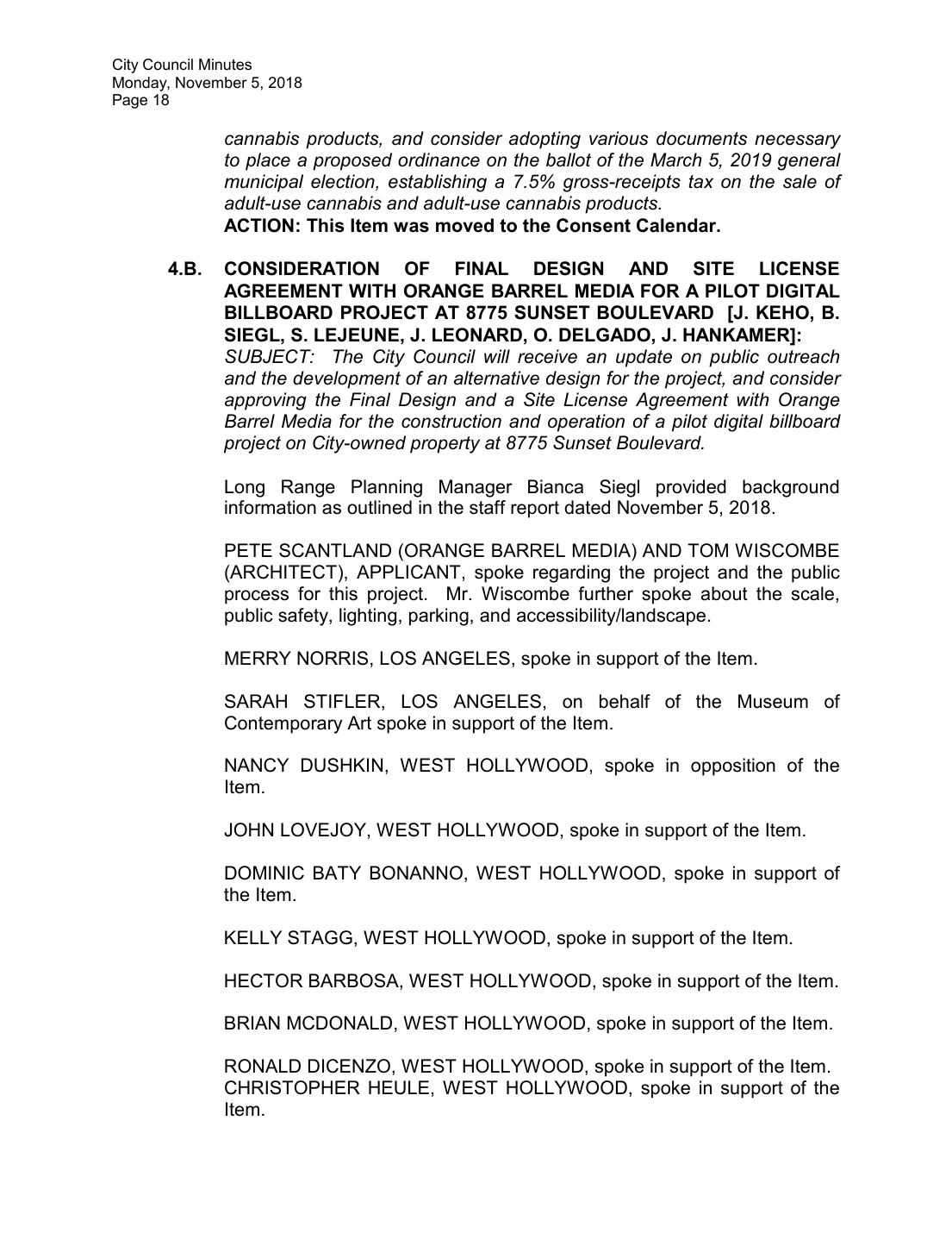 West Hollywood City Council minutes, November 5, 2018, p. 18, Item 4.B