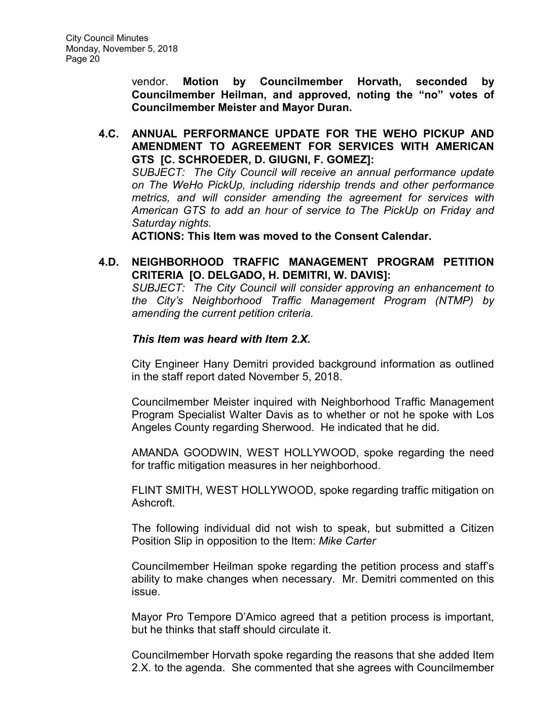 West Hollywood City Council minutes, November 5, 2018, p. 20, Item 4.B
