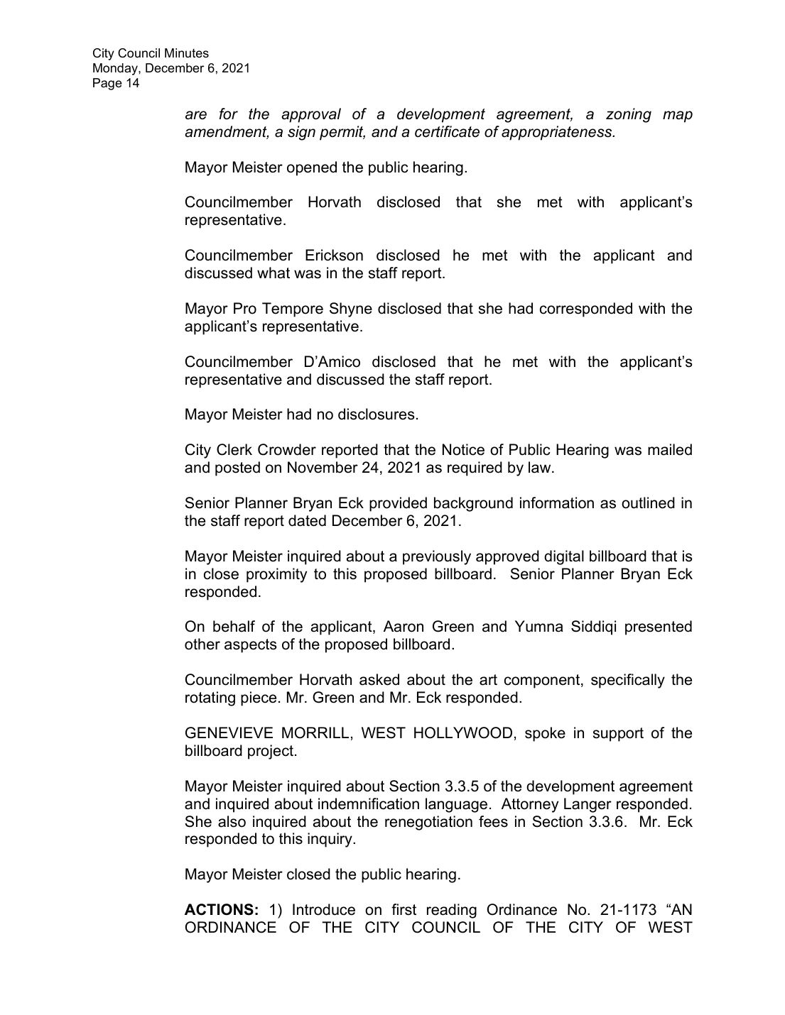 West Hollywood City Council minutes, December 6, 2021, p. 14, Item 3.B