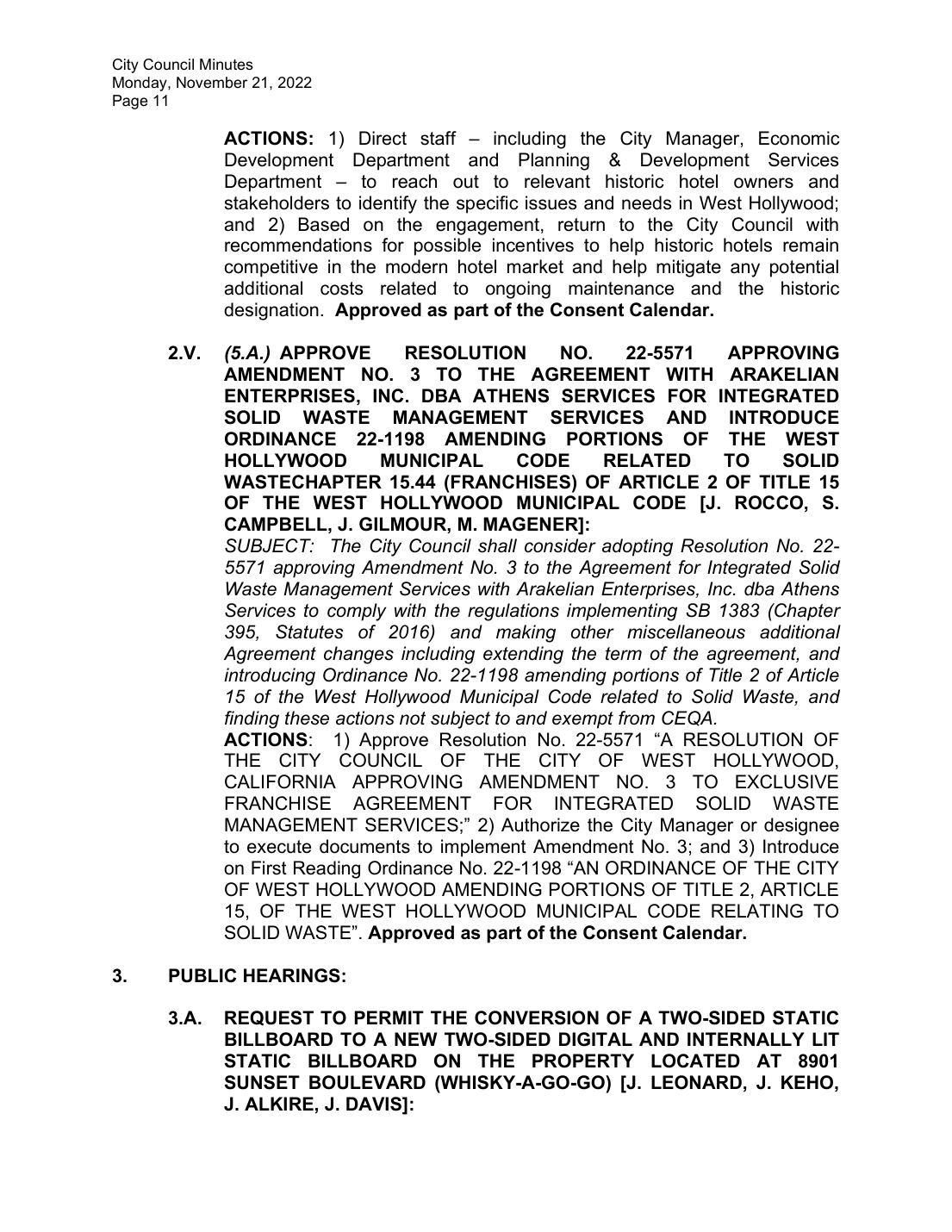 West Hollywood City Council minutes, November 21, 2022, Item 3.A