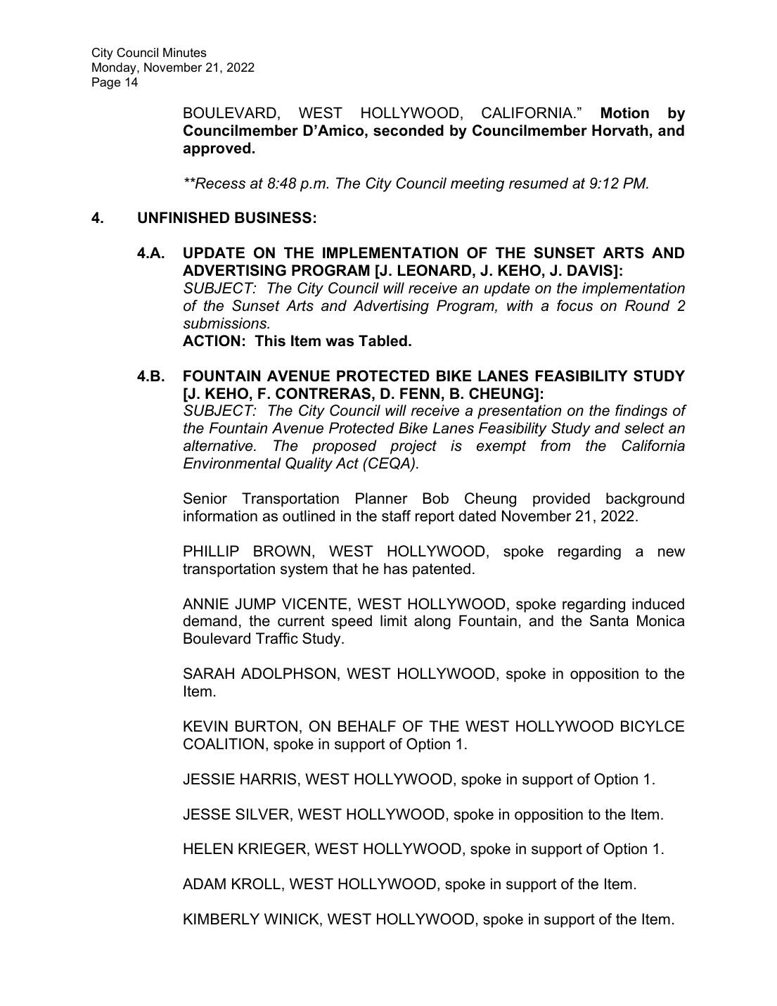 West Hollywood City Council minutes, November 21, 2022, p. 14, Item 3.A