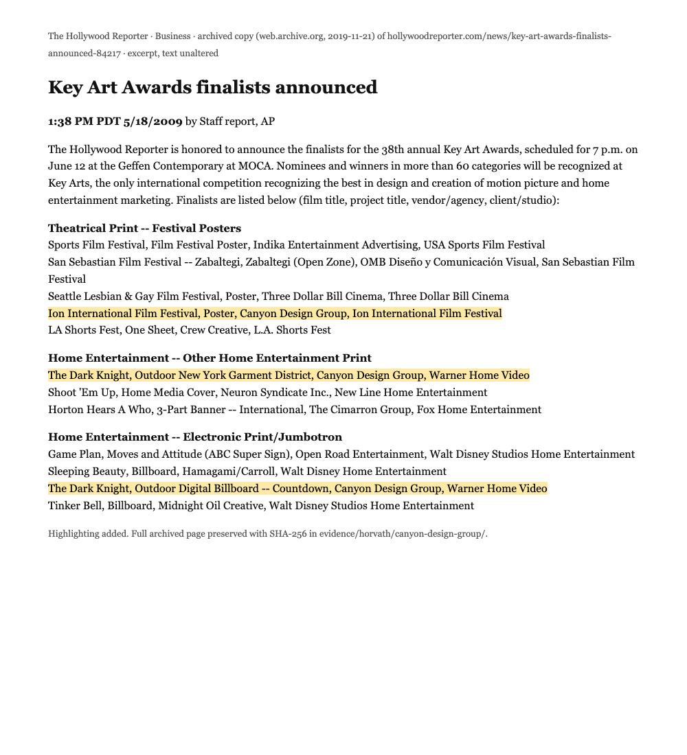 Archived copy (Internet Archive, 2019-11-21) of hollywoodreporter.com/news/key-art-awards-finalists-announced-84217; excerpt, text unaltered, highlighting added.