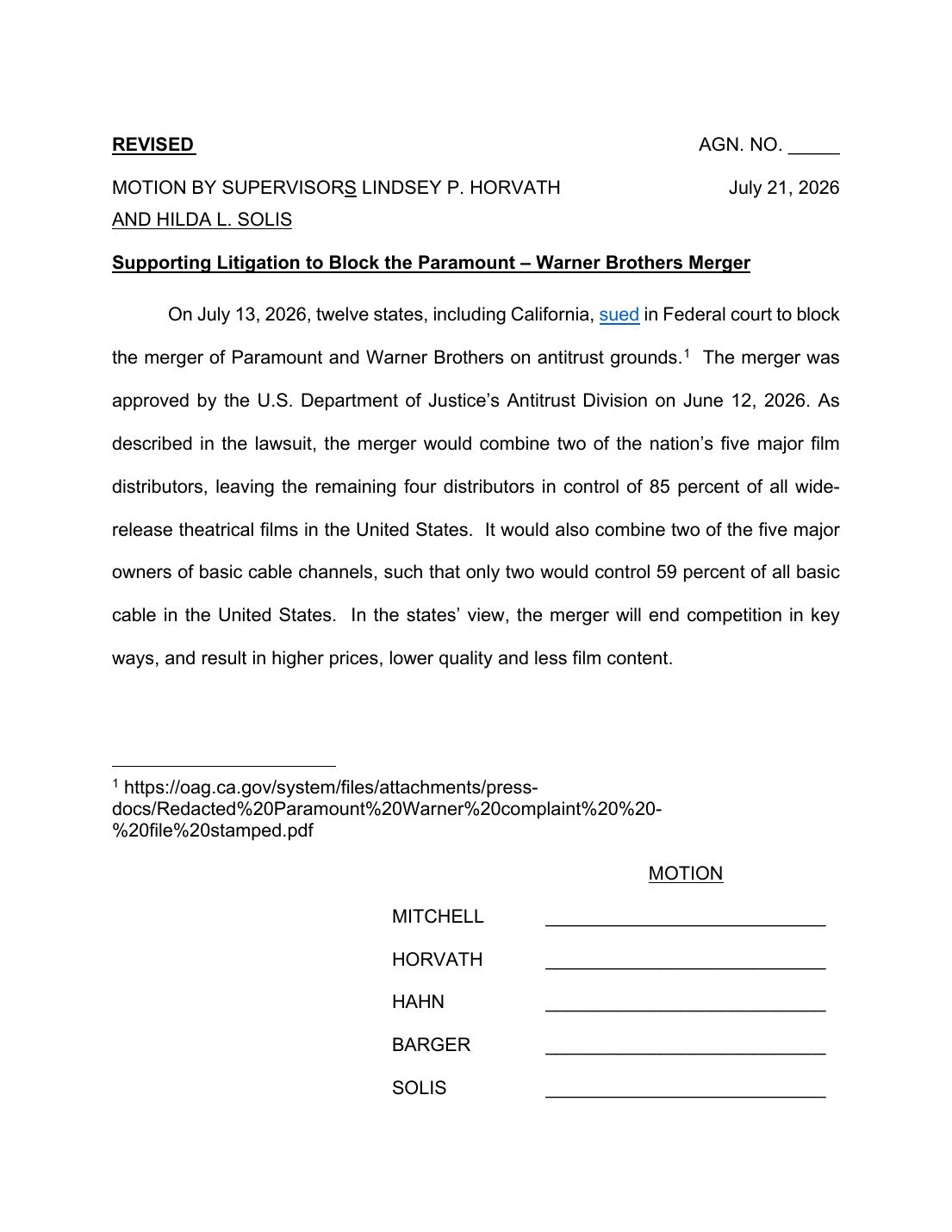 Revised motion by Supervisors Horvath and Solis, Los Angeles County Board of Supervisors