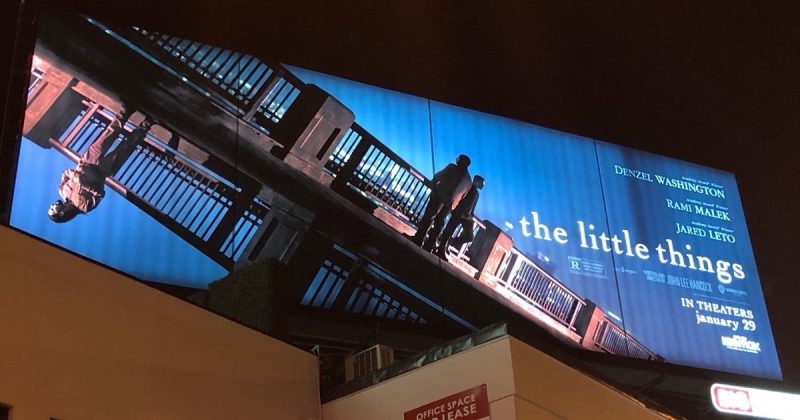 Warner Bros The Little Things billboard on the Sunset Strip at night, 9157 Sunset Boulevard