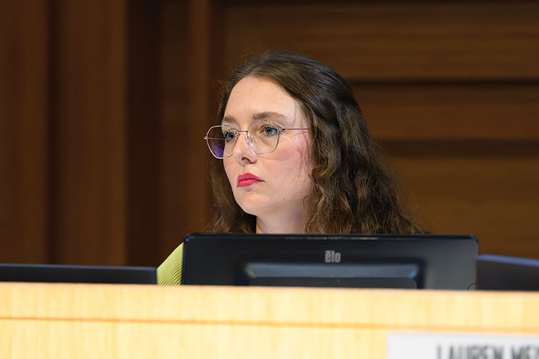 Councilmember Chelsea Byers seated at the West Hollywood City Council dais