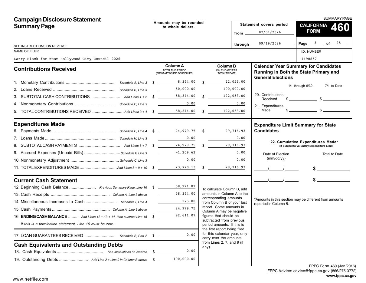 Larry Block for West Hollywood City Council 2026, Form 460, Summary Page (period July 1 to Sept. 19, 2026), NetFile filing 217530819