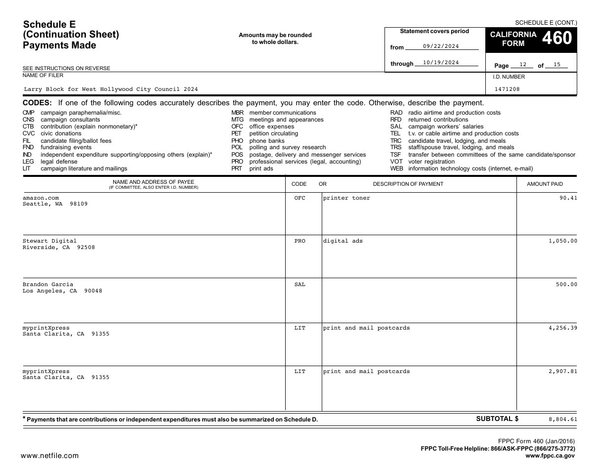 Larry Block for West Hollywood City Council 2024, Form 460, Schedule E, page 12 (period Sept. 22 to Oct. 19, 2024), NetFile filing 212396332