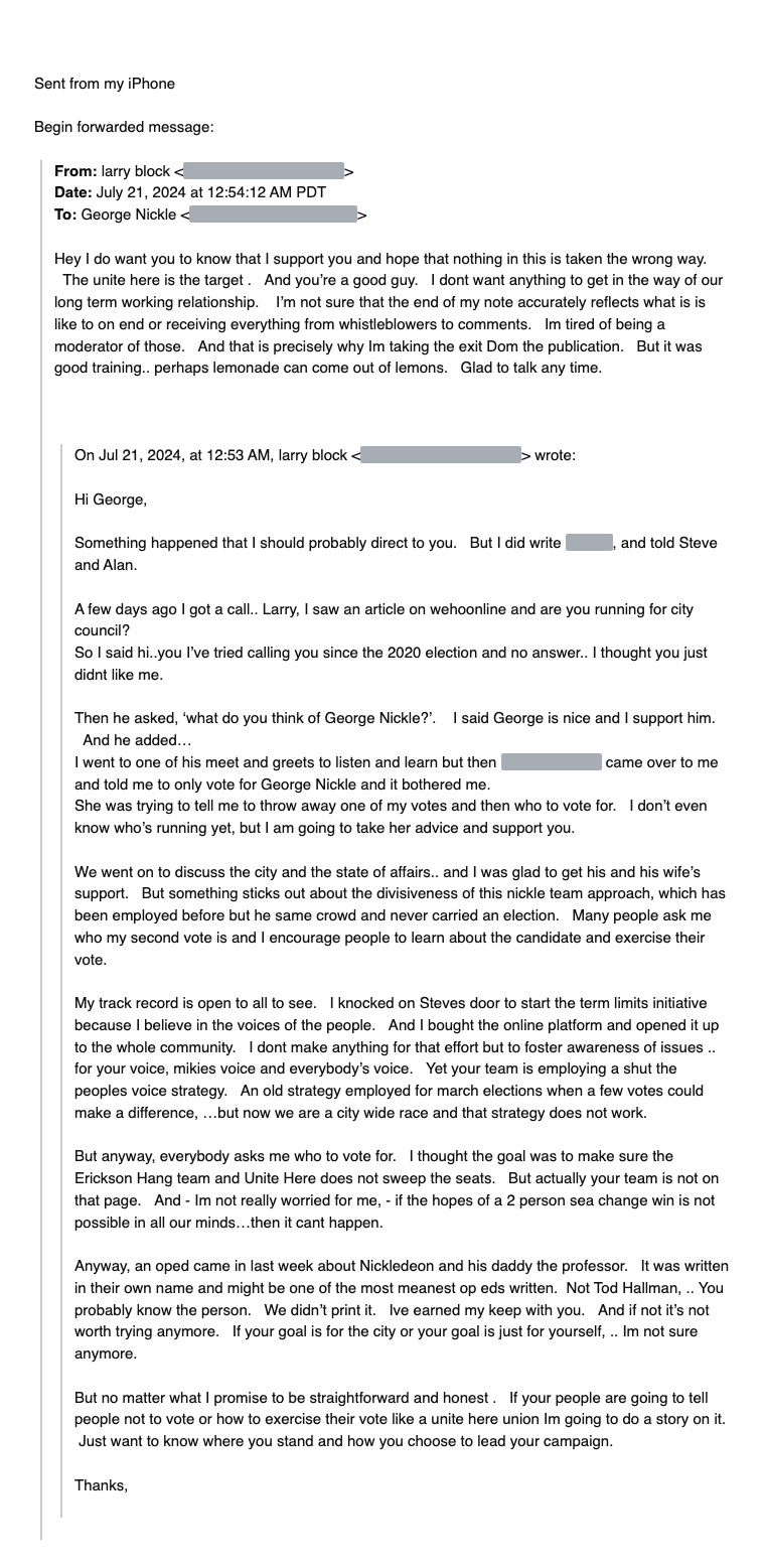 Email from Larry Block to George Nickle, as forwarded by Nickle. The 12:53 a.m. message is quoted inside the 12:54 a.m. follow-up.
