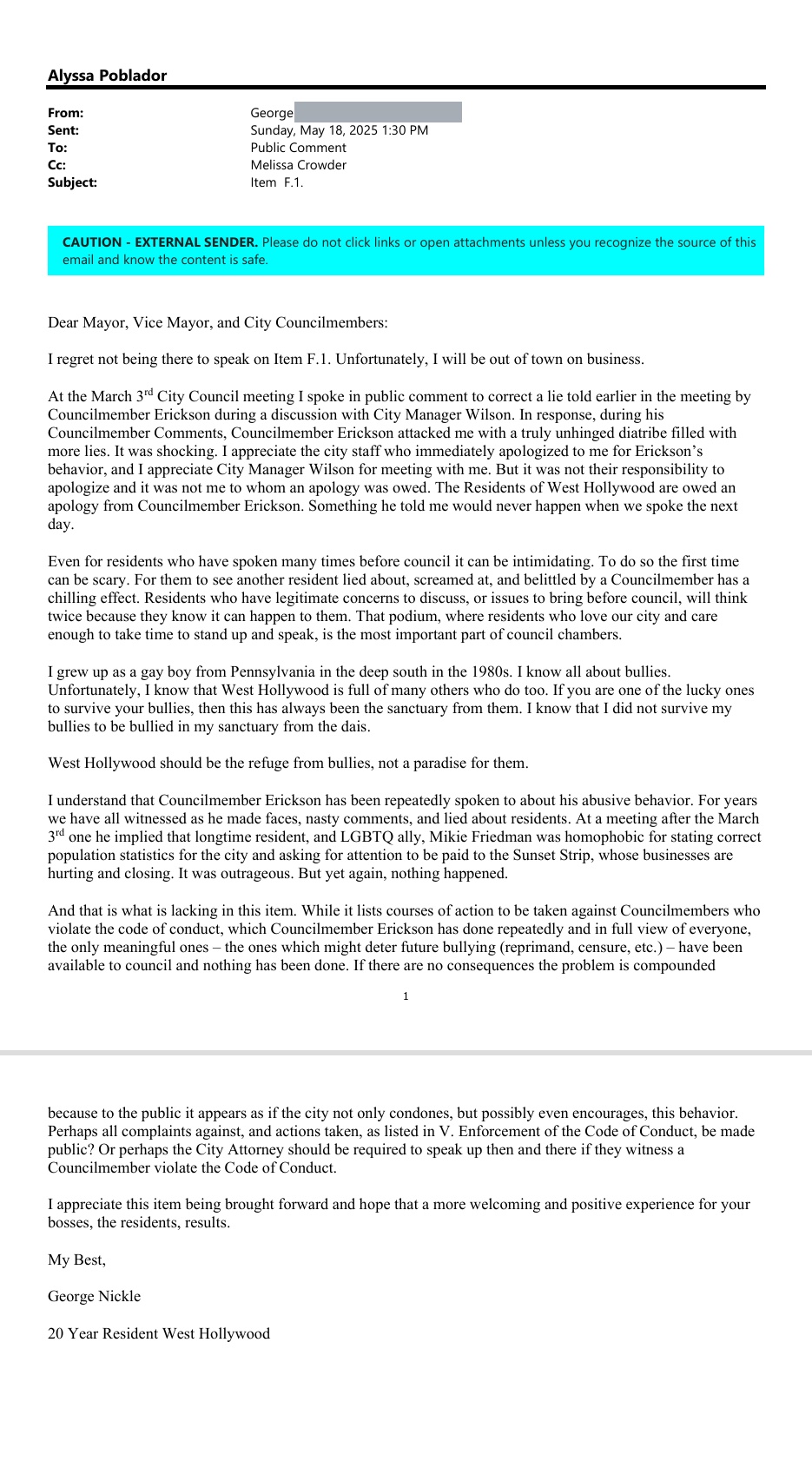 City of West Hollywood, Public Comment Correspondence, City Council meeting of May 19, 2025 (morning), pages 2 and 3