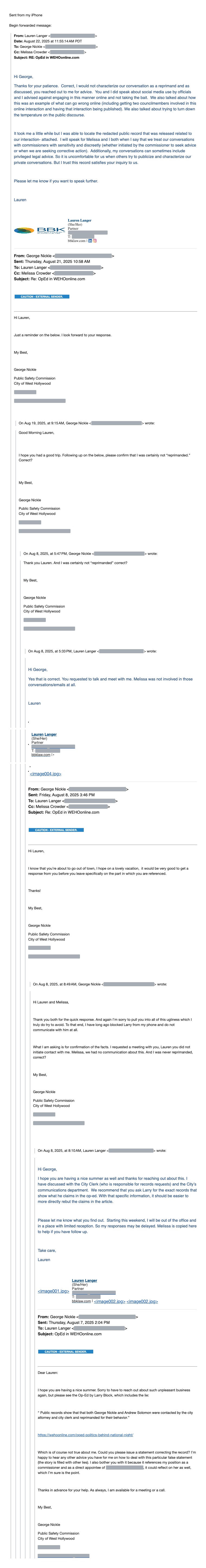 Email thread between George Nickle and City Attorney Lauren Langer, copying City Clerk Melissa Crowder, as forwarded by Nickle. Newest message first.