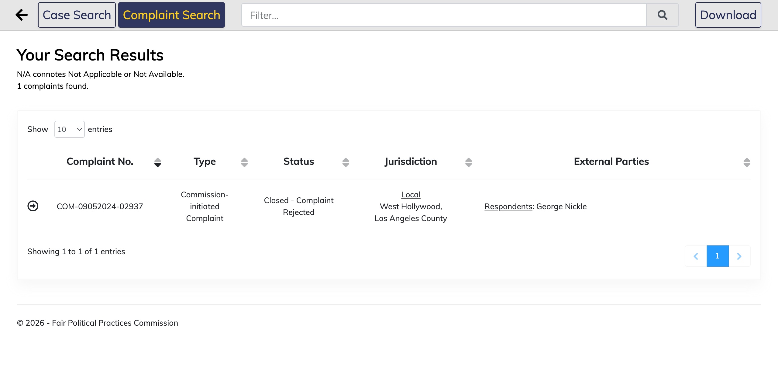 California Fair Political Practices Commission, Complaint and Case Information Portal, complaint search for "Nickle," Oct. 4, 2026