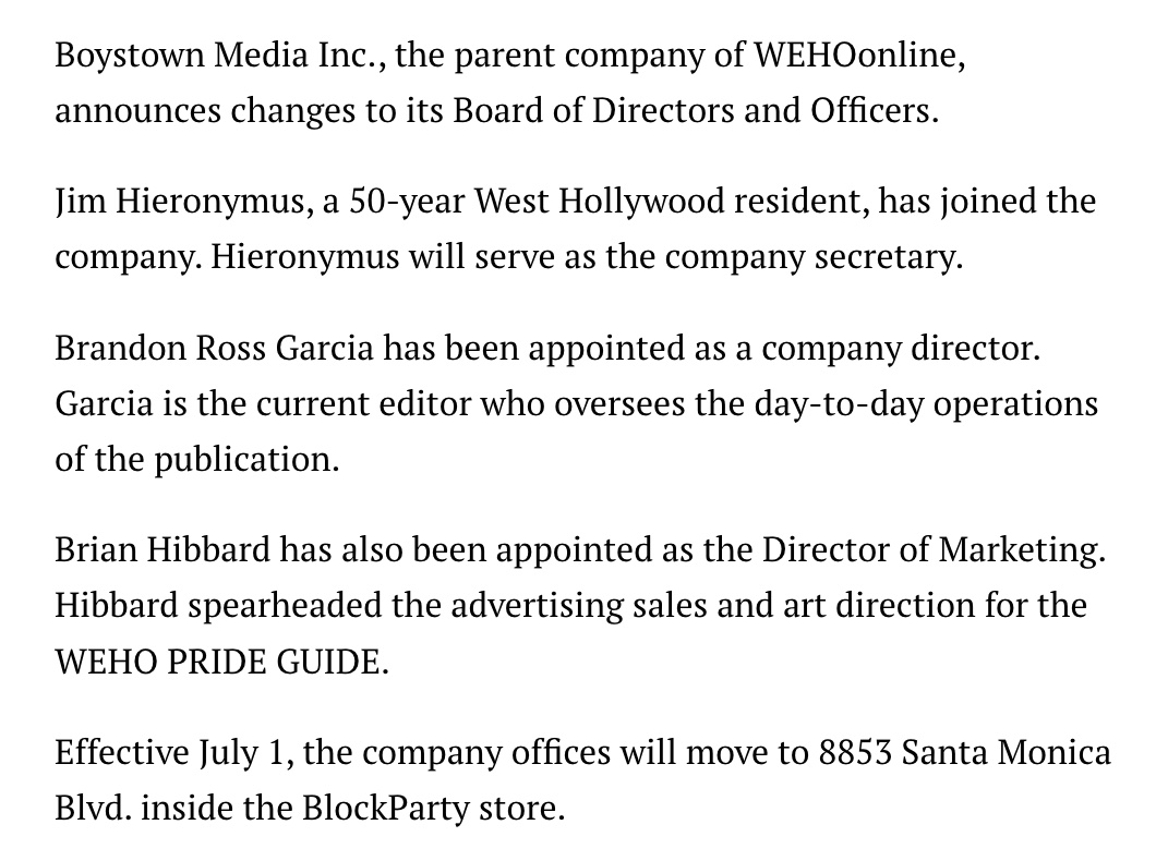 Larry Block, "Boystown Media Inc. updates officers and directors," WEHOonline, June 7, 2024