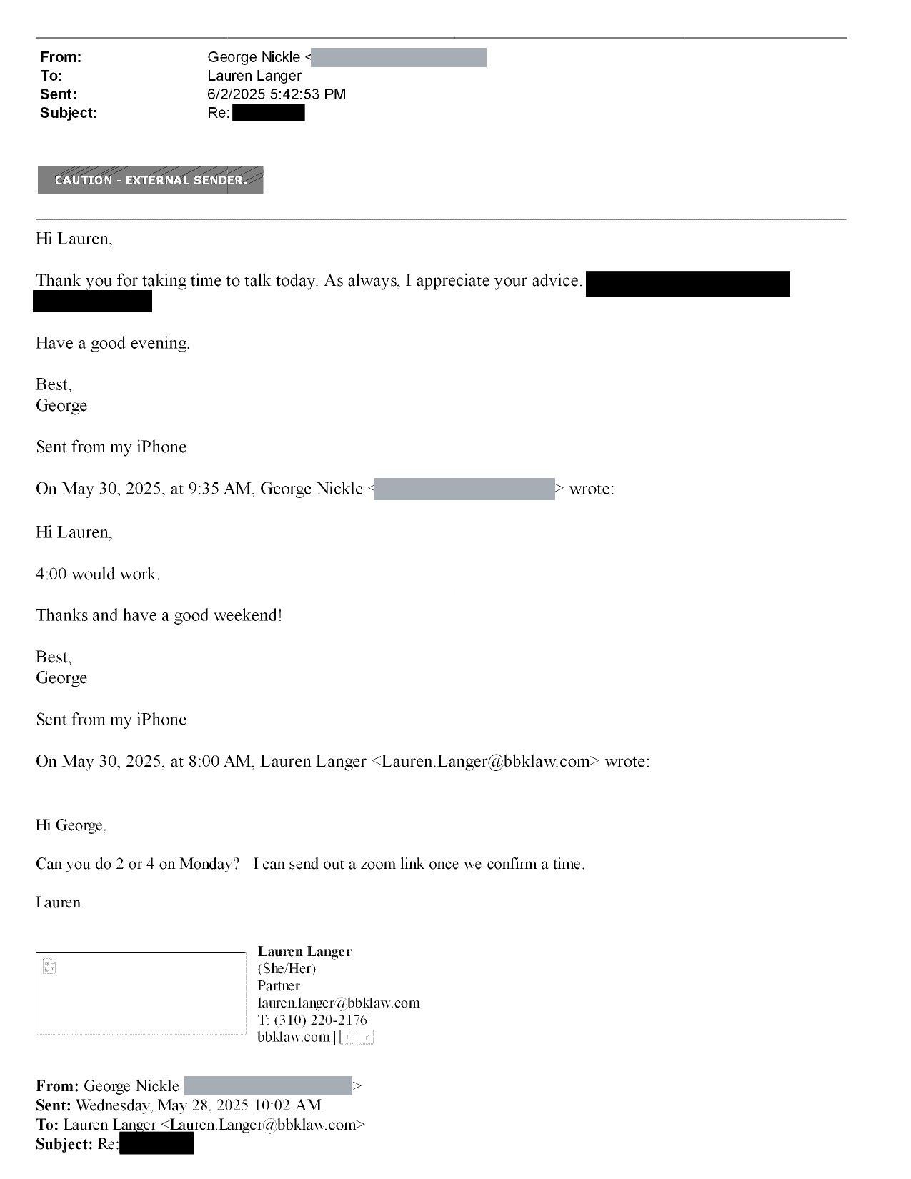 City of West Hollywood, redacted public record of George Nickle's correspondence with City Attorney Lauren Langer, May 25 to June 2, 2025 (page 1 of 3)
