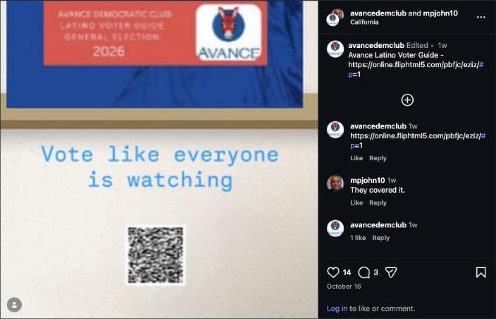 Avance Democratic Club Instagram post, October 16: Avance Latino Voter Guide, General Election 2026.