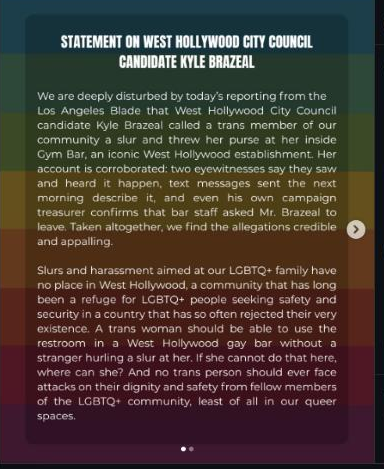 Statement on West Hollywood City Council candidate Kyle Brazeal, posted jointly by four Democratic clubs.